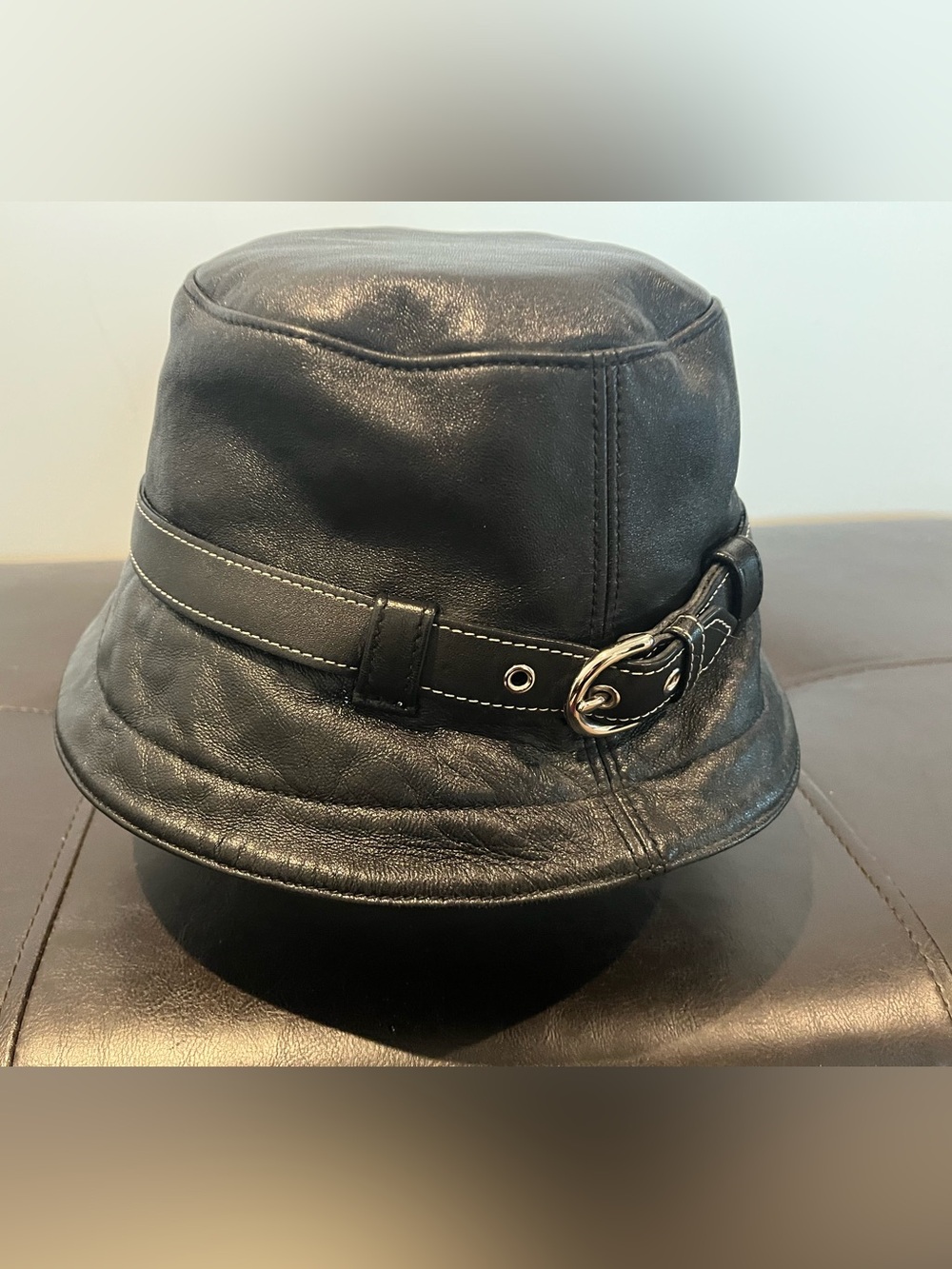 Coach Black Leather Bucket Hat with Buckle Accent